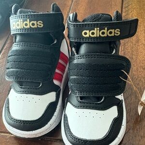 adidas Kids Black White Red Mid-Top Sneakers with Gold Logo